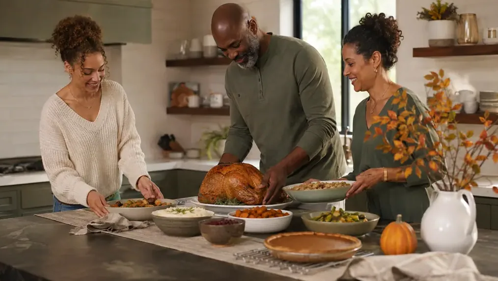 Roast turkey on a Thanksgiving table with gravy and side dishes