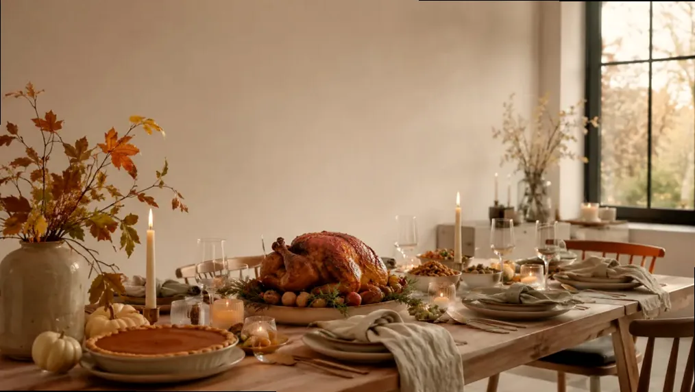 Illustrated Thanksgiving table laid with a roast turkey, bowls of stuffing and mashed potatoes, a gravy boat and a pumpkin pie, with plates set for guests