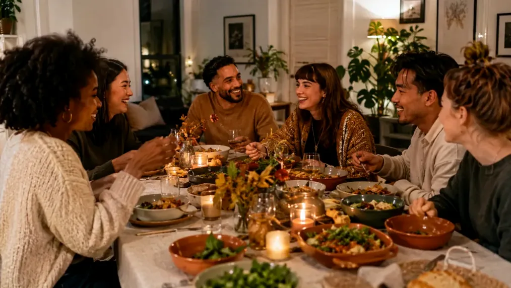 Illustration of a Friendsgiving table in a small apartment with mismatched plates and dishes everyone brought